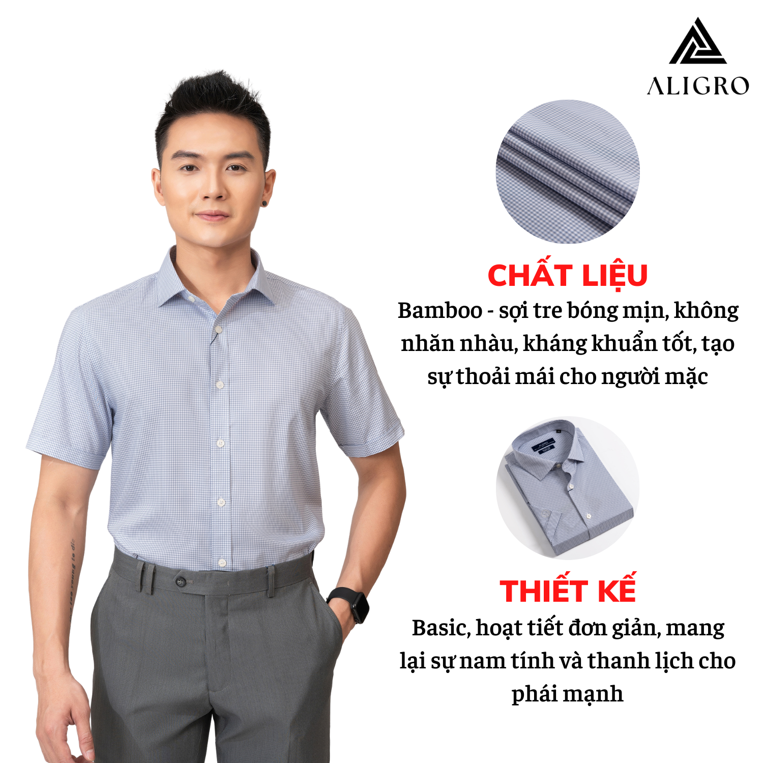 Áo sơ mi nam ngắn tay ALIGRO kẻ caro nhỏ màu ghi form slim vừa công sở thời trang trẻ trung lịch lãm ALGS-C118