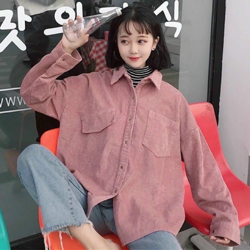 sơ mi ulzzang áo sơ mi nữ áo kiểu dáng Hàn Quốc sơ mi nhung rộng, Áo Sơ mi Nam Nữ Unisex vải Nhung Gân áo khoác sơ mi form rộng ảnh thật