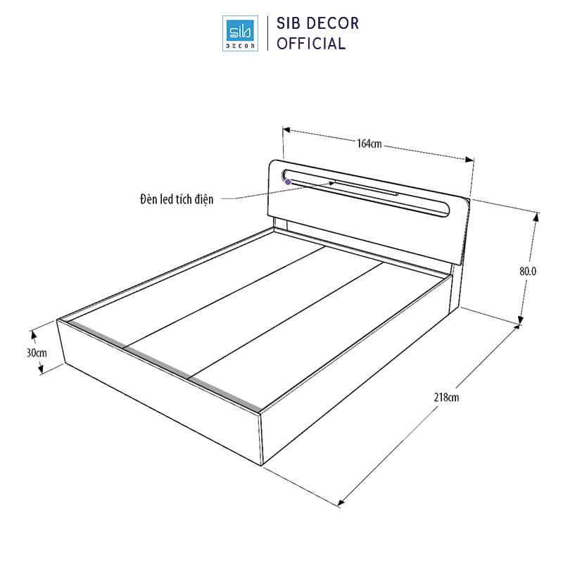 Giường Ngủ Gỗ Hiện Đại Skylar, Có Đèn LED Tích Điện Đầu Giường SIB Decor GN23