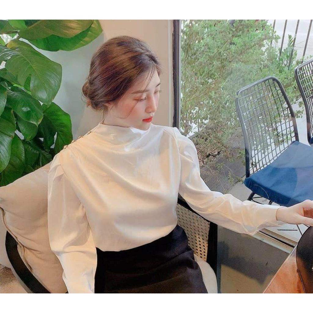 Áo sơ mi nữ công sở thời trang SURI lụa latin dài tay,thiết kế hiện đaị,cổ cách điệu,vai đính cúc ngọc