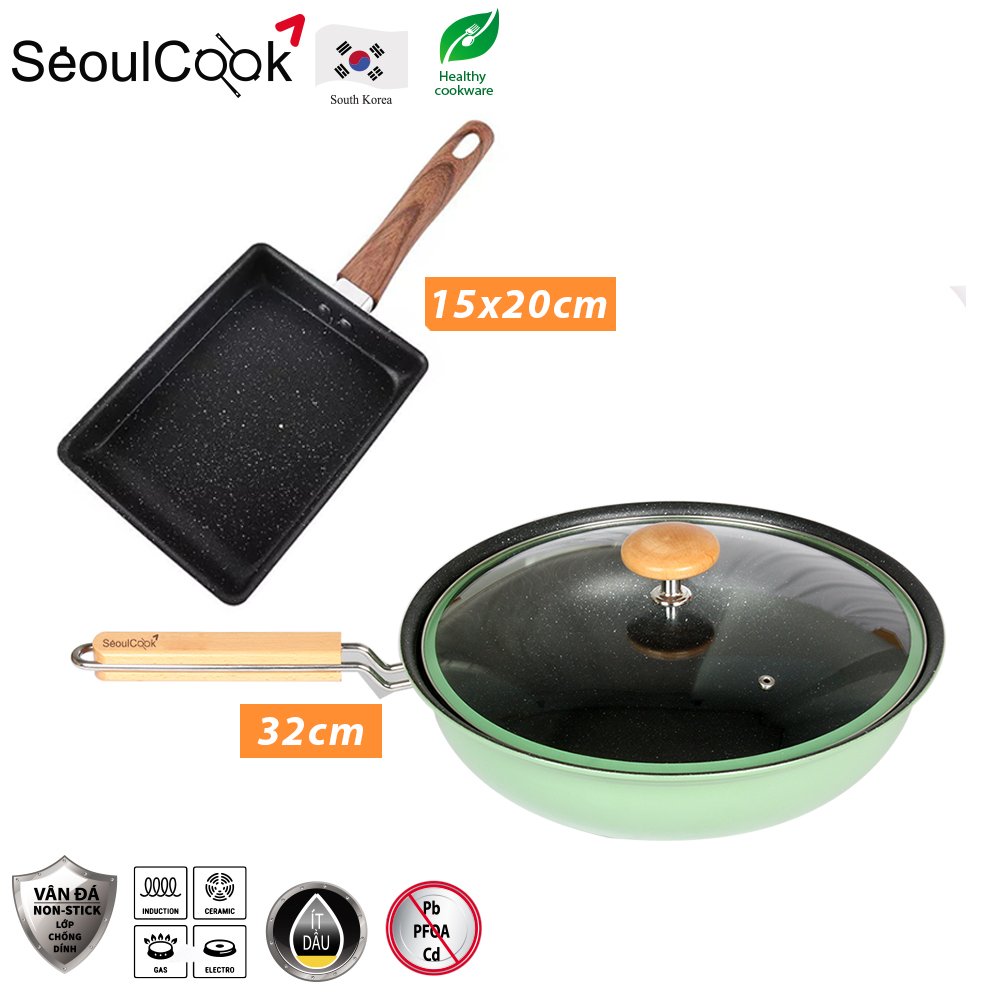 Bộ 2 chảo SL5, chảo sâu lòng 32cm + chảo vuông 15x20cm đáy từ/ Induction Seoulcook Hàn Quốc, dùng được tất cả các loại bếp – Hàng chính hãng