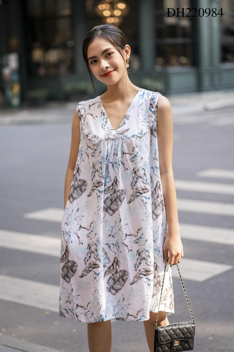 Đầm thời trang nữ cổ V bèo lá chuối