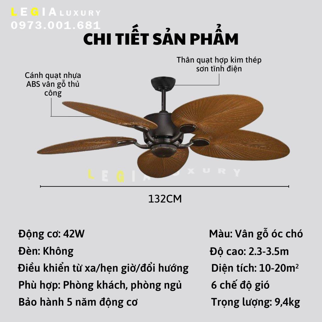 Quạt trần phong cách Đông Dương| Quạt trần Indochine style LGFAN659 | Quạt trần cánh gỗ trang trí phòng ngủ chung cư homestay {Hàng Chính Hãng