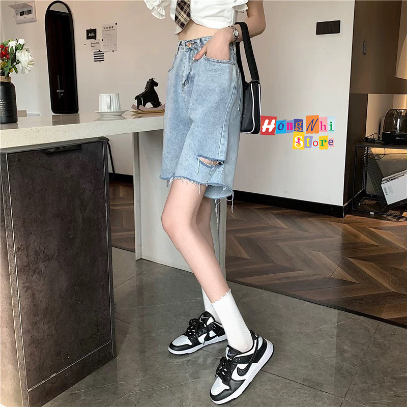 Quần Short Jean Ngố Đùi Rách Gối Tưa Lai Cạp Cao Ống Rộng Ulzzang - MM