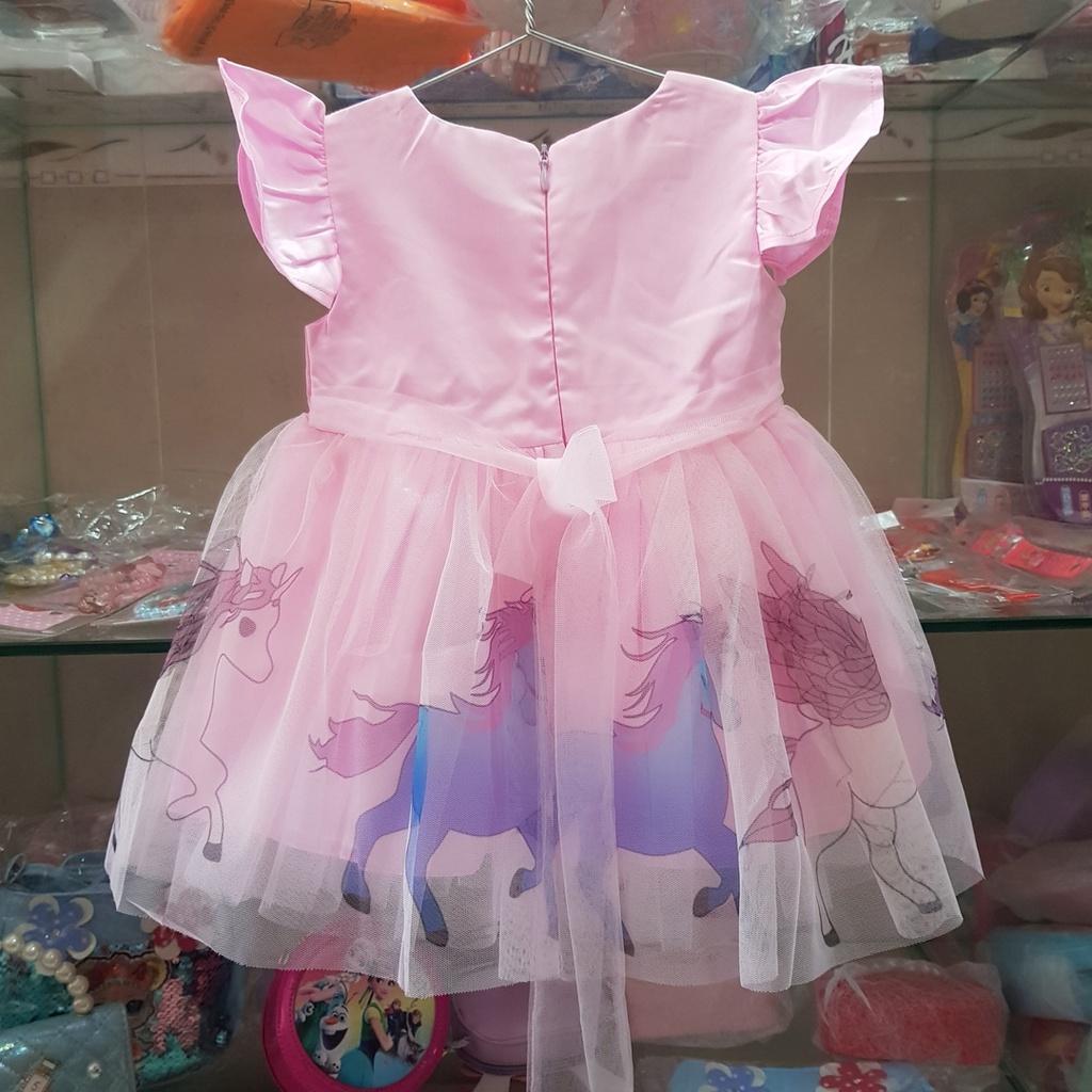 Đầm phi mờ in 3d chân voan ngựa pony uincorn dễ thương cho bé dự tiệc