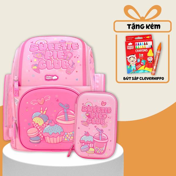 Combo Ba Lô Fancy + Bóp Viết Sweetie Pie Club Clever Hippo - Tiểu Học (Tặng Kèm Hộp 16 Bút Sáp Màu Colorful)
