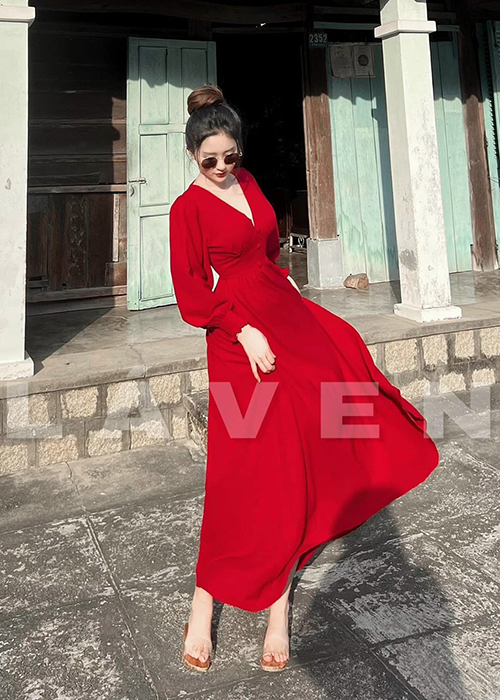 Đầm Maxi Voan Dài Tay Đính Nút Bọc Cổ V Thời Trang