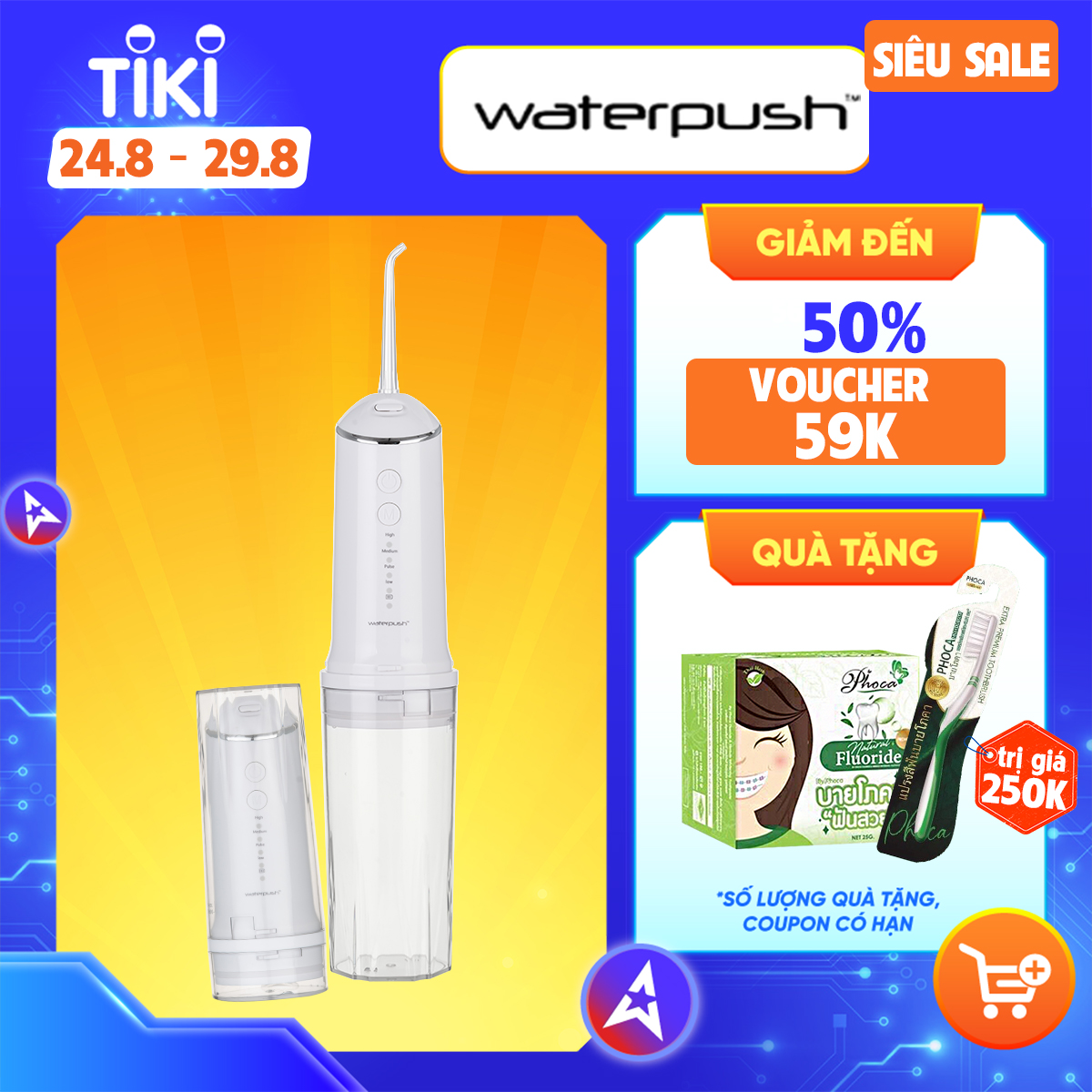 [Đèn UV diệt khuẩn 99%] Máy tăm nước du lịch cao cấp WaterPush 1904 -Bình nước lớn 300ML - 1 đổi 1 trong 12 tháng