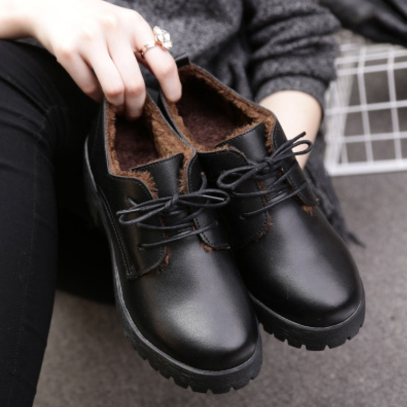 Women's British style plus velvet short boots PU leather Oxford mid heel Martin boots