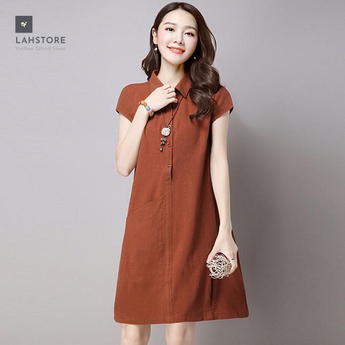 Đầm suông cổ sơ mi LAHSTORE phối túi bên hông, thời trang phong cách Hàn