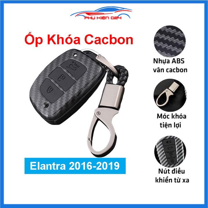 Ốp vỏ bọc chìa khóa xe Elantra 2016-2017-2018-2019 sợi nhựa cacbon kèm móc treo Inox