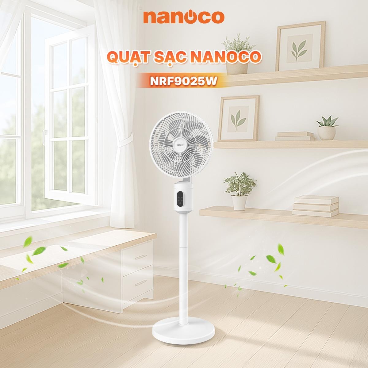 Quạt sạc Nanoco 9inch màu hồng, cảm ứng, remote NRF9025P - Hàng chính hãng