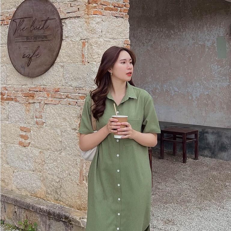 Đầm sơ mi thiết kế sọc tay ngắn dáng dài form rộng siêu xinh LOVI