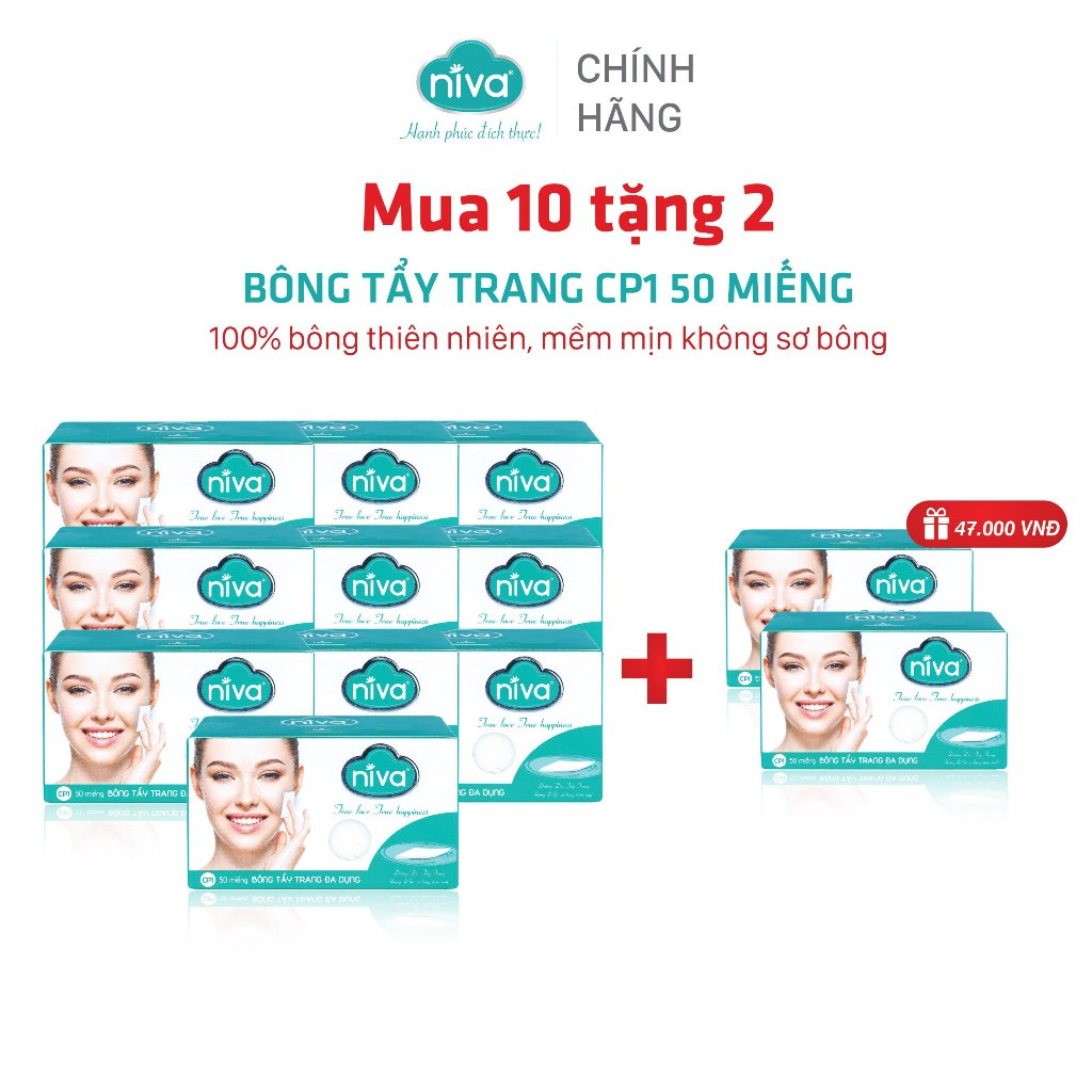 COMBO 10 Bông Tẩy Trang Vuông NIVA Cotton Pads Cao Cấp Cp1 Hộp 50 Miếng Bông Tự Nhiên Mềm Mại An Toàn Với Da Nhạy Cảm