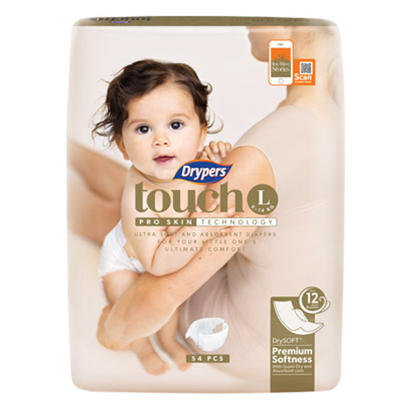 Tã dán trẻ em Drypers Touch L 54 miếng (9 - 14kg)