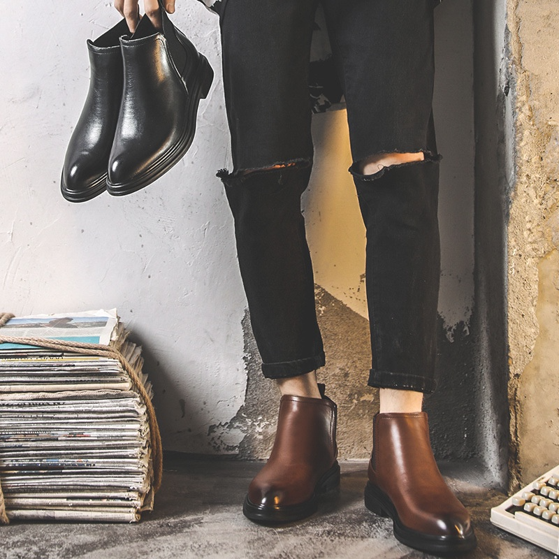 Giày Chelsea Boots Nam Cổ Lửng Màu Nâu Da Bò Nguyên Tấm Nhập Khẩu Đế Cao Su Đúc Nguyên Khối