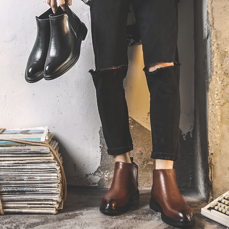 Giày Chelsea Boots Nam Cổ Lửng Màu Đen, Nâu Da Bò Nguyên Tấm Nhập Khẩu Đế Cao Su Đúc Nguyên Khối