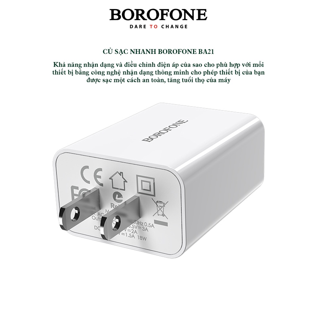 Củ Sạc Nhanh 18W - QC3.0 BOROFONE BA21 cổng USB hỗ trợ sạc nhanh 50% pin trong vòng 30p, có chip điều khiển dòng điện an toàn bảo vệ máy - Hàng Chính Hãng