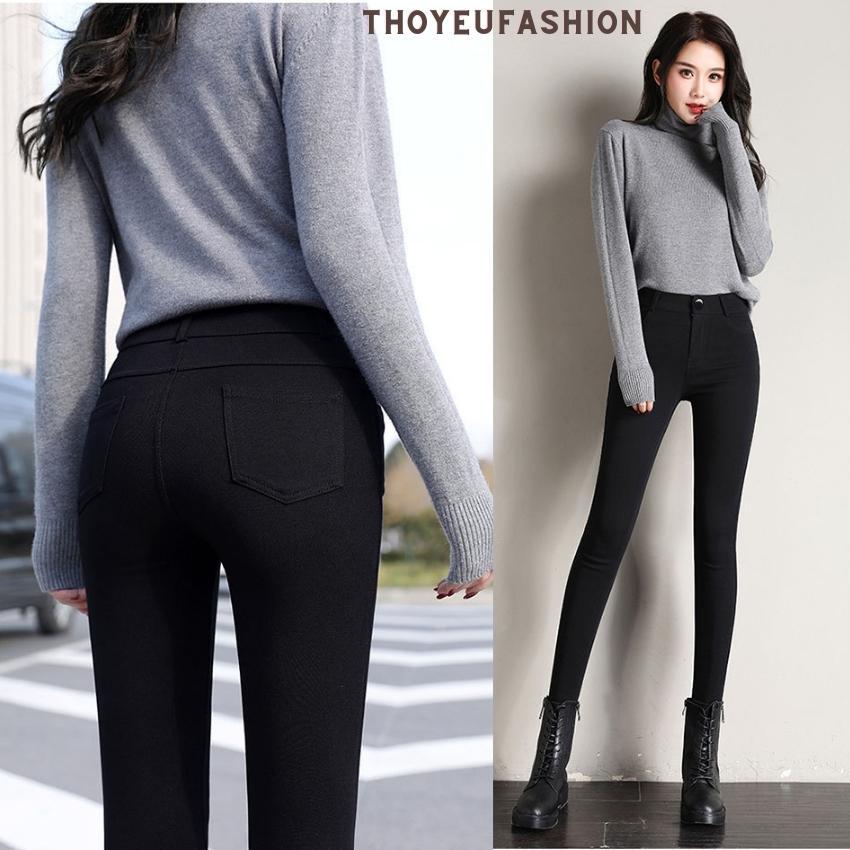 Quần tregging nữ lưng cạp cao dài dáng thun ôm bó legging skinny vải giữ nhiệt màu đen Q13 - Thoyeufashion