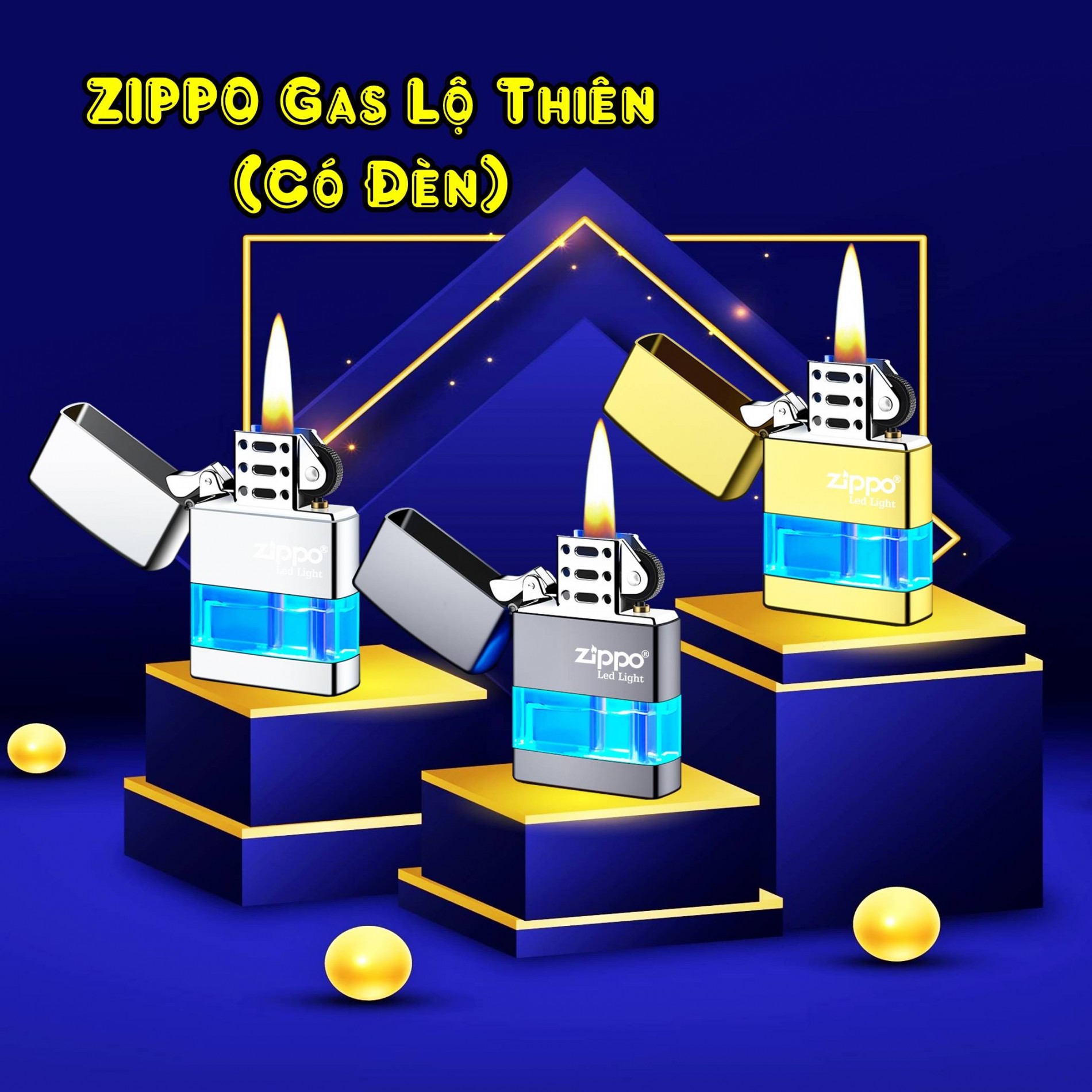 Hộp quẹt bật lửa zipo gas lộ thiên (có đèn) - (xài gas)