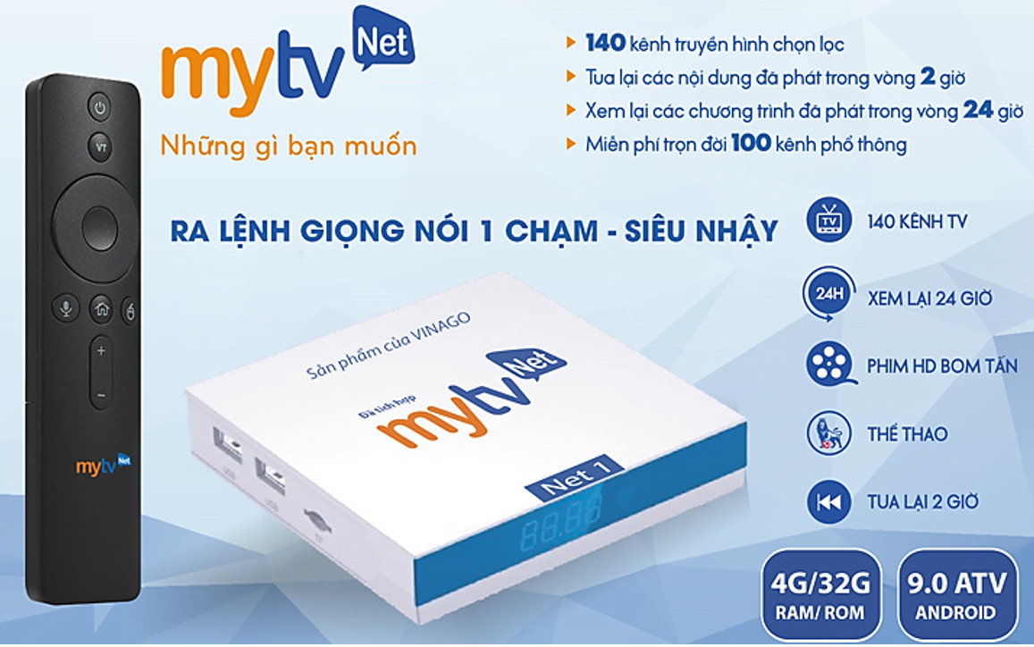 Android TV Box MyTV Net 4GB/32GB Mới 2020 - Tích hợp điều khiển giọng nói, truyền hình hơn 100 kênh HĐH Anfdroid TV, cấu hình mạnh mẽ- Hàng chính hãng