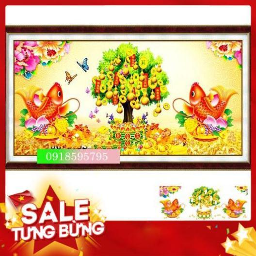 Tranh đính đá cửu ngư quần hội 90X42cm