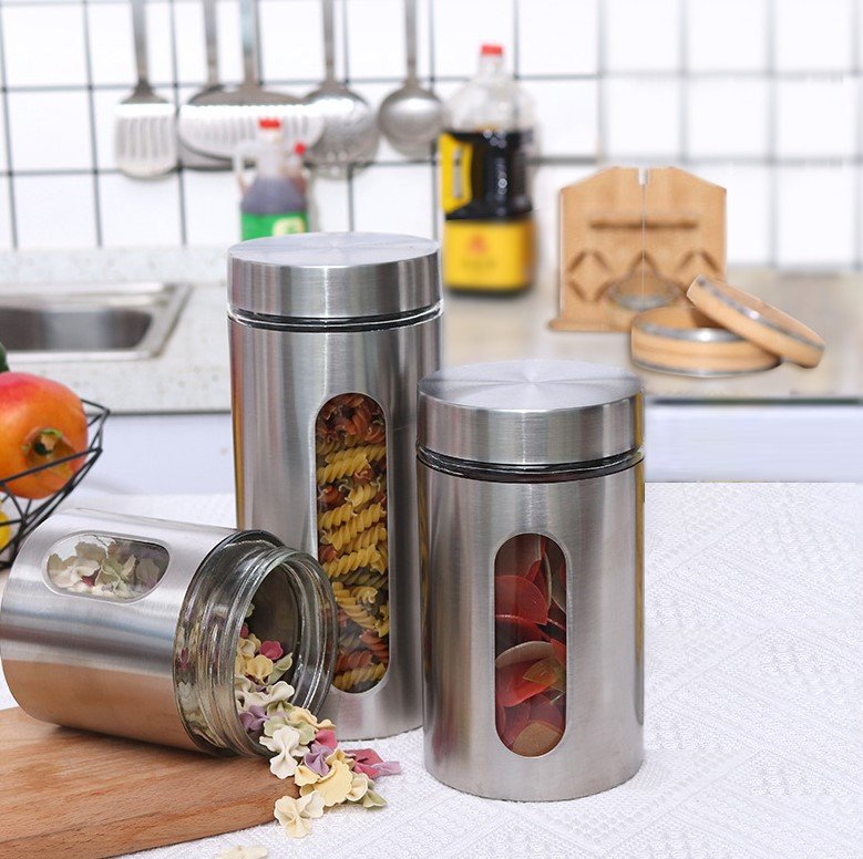 Hộp Đựng Thực Phẩm Cao Cấp SPEVI Bằng Thủy Tinh Bọc Inox Không Gỉ Đủ Loại Kích Thước Hình Trụ Tròn Chất Liệu Cao Cấp (Combo 3 Hộp) - Hàng Chính Hãng