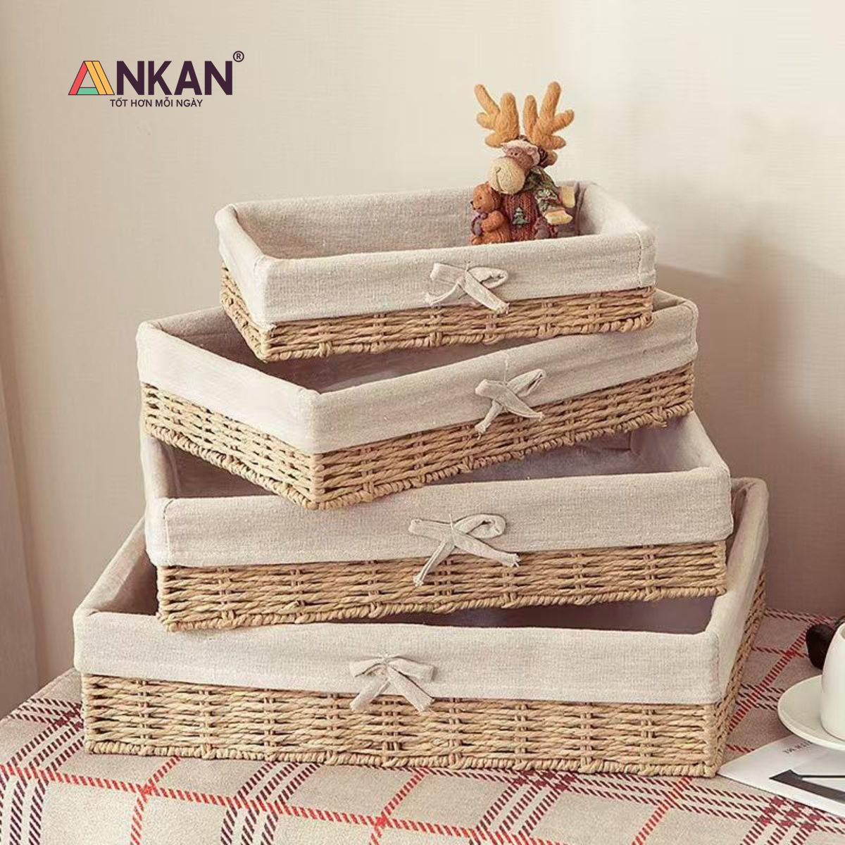 Khay Đựng Bánh Kẹo Hoa Quả Sang Trọng Chữ Nhật Lót Vải Nơ Đa Năng