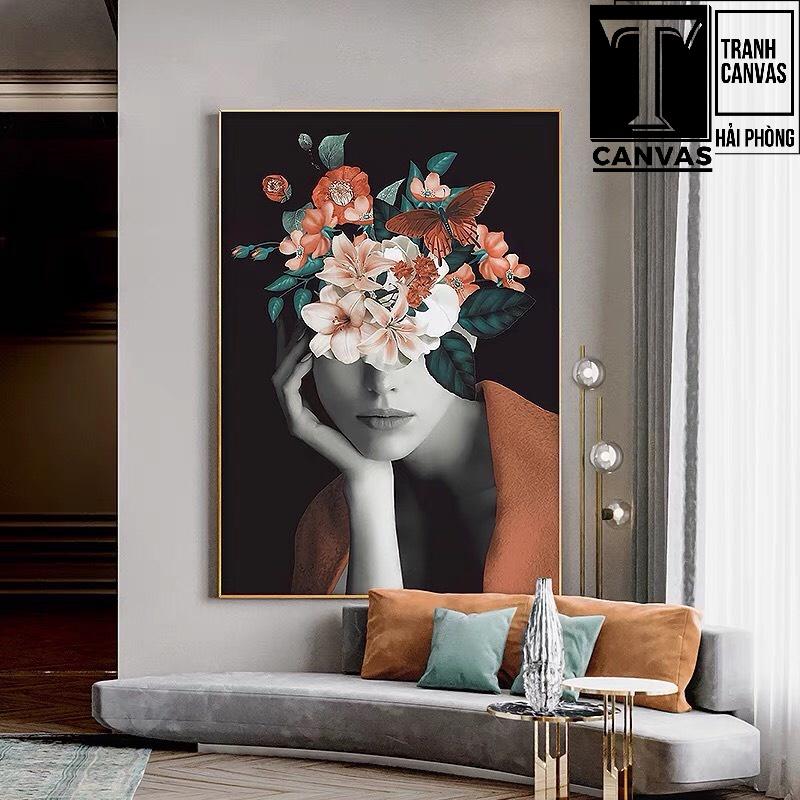 Tranh canvas treo tường phòng khách, tranh nghệ thuật Cô gái che mặt và hoa CGCM60-62
