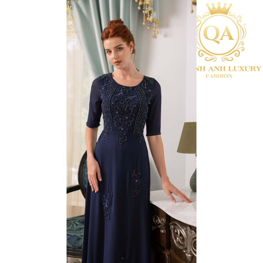 Ạ HỘI ÁO DÀI TRUNG NIÊN CAO CẤP XANH ĐEN LUXURY SAPPHIRE DRESS