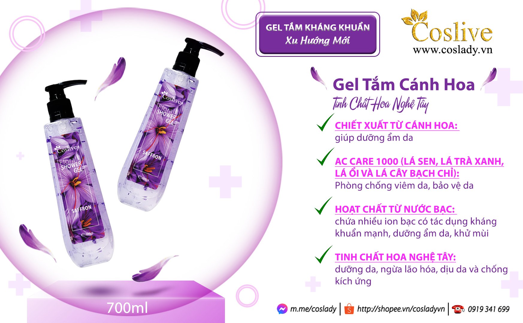 GEL TẮM CÁNH HOA TINH CHẤT HOA NGHỆ TÂY COSLIVE 700ML