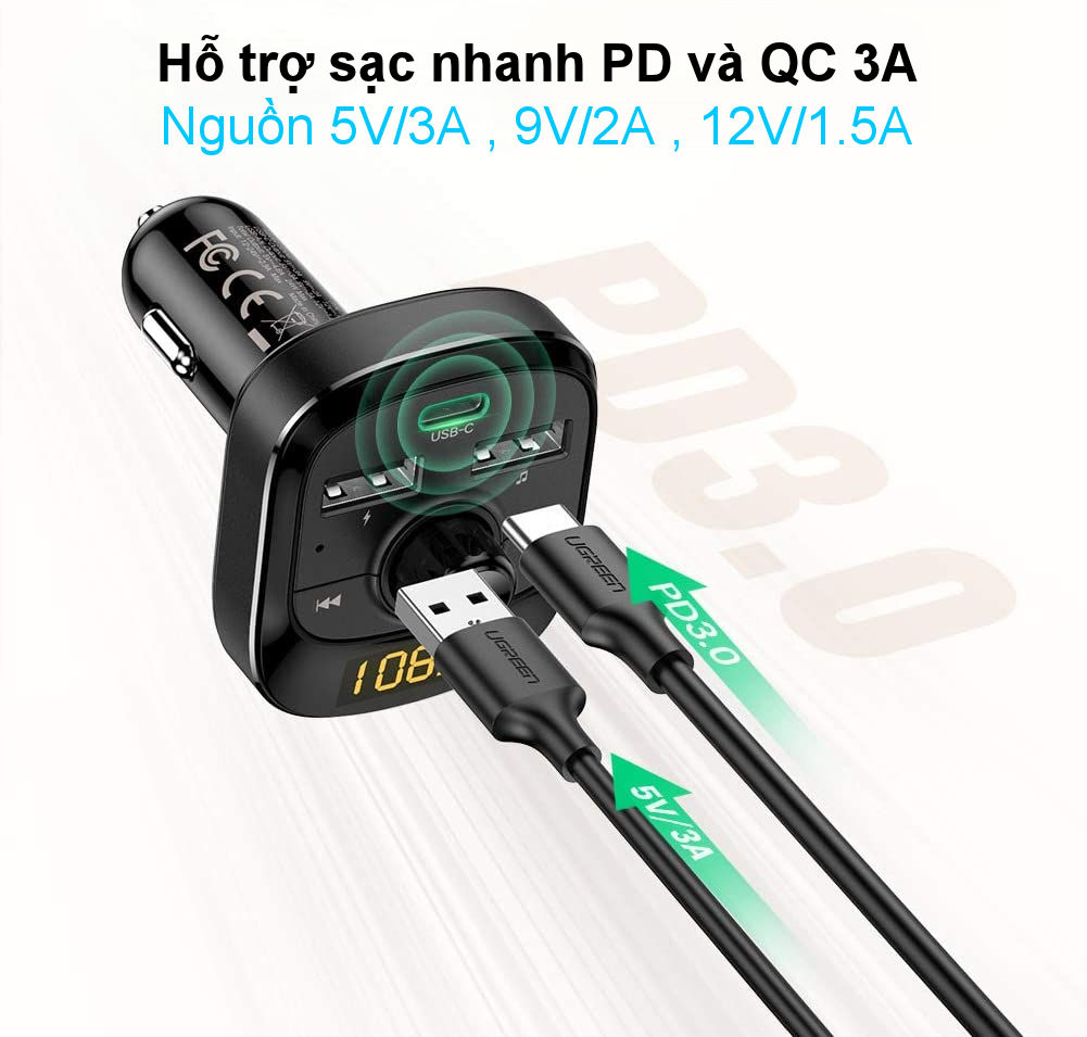 Sạc ô tô đa năng UGREEN ED040 70717 có thể phát FM, Bluetooth 5.0, sạc nhanh PD, cổng USB 2.0, đọc thẻ TF, có đèn LED - Hàng chính hãng