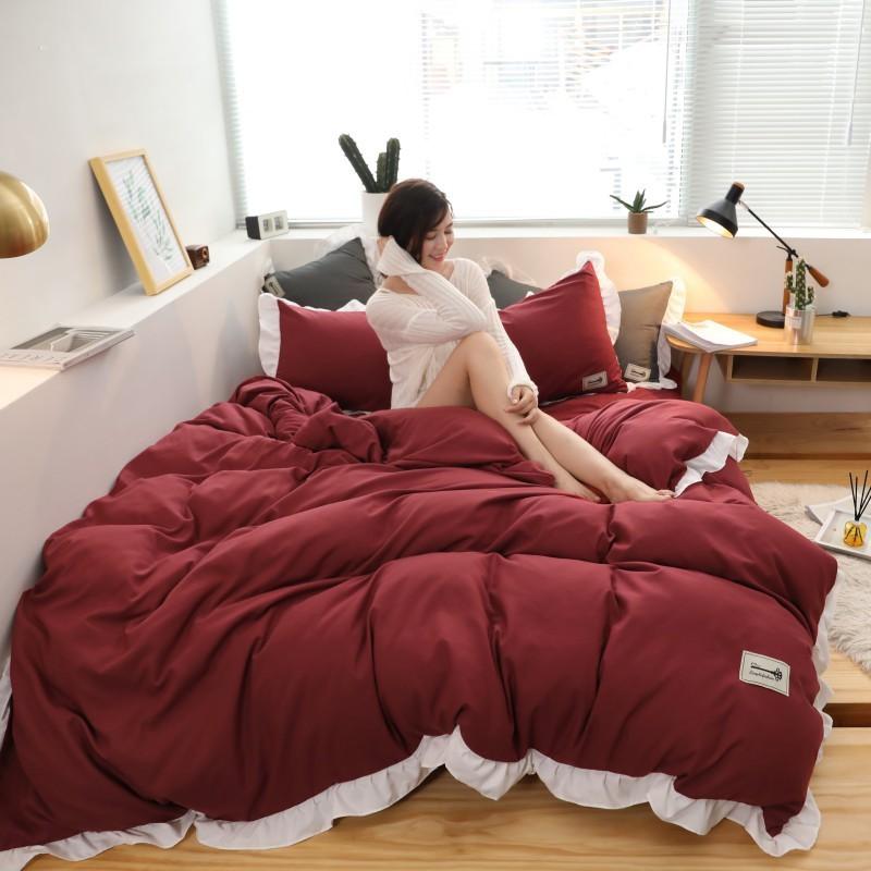 Bộ Chăn Ga Gối Cotton Đũi Viền Bèo - Đỏ Viền Trắng