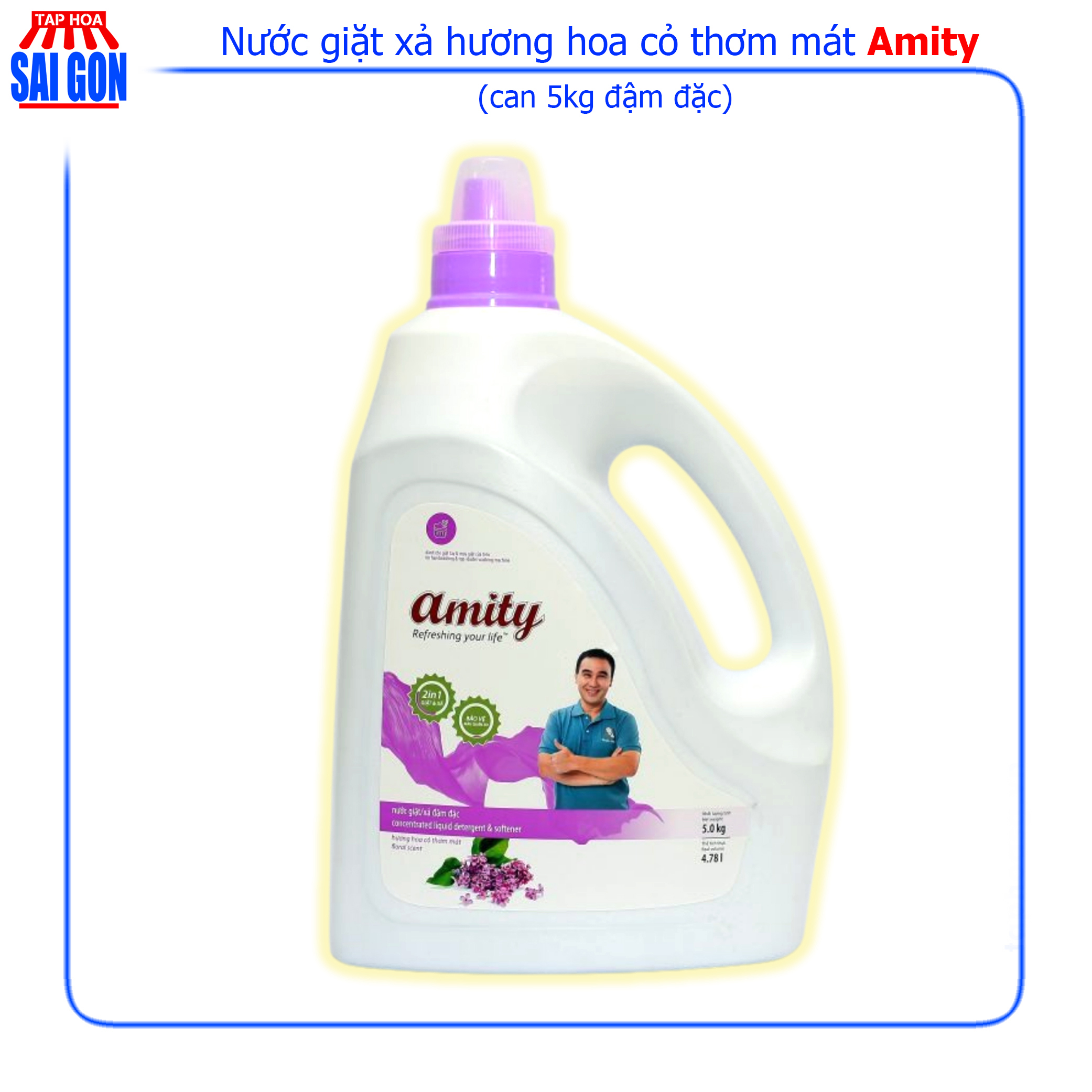 Nước Giặt Xả Amity màu tím hương hoa cỏ thơm mát can 5kg với công nghệ hạt lưu hương giữ mùi thơm nhẹ nhàng suốt cả ngày