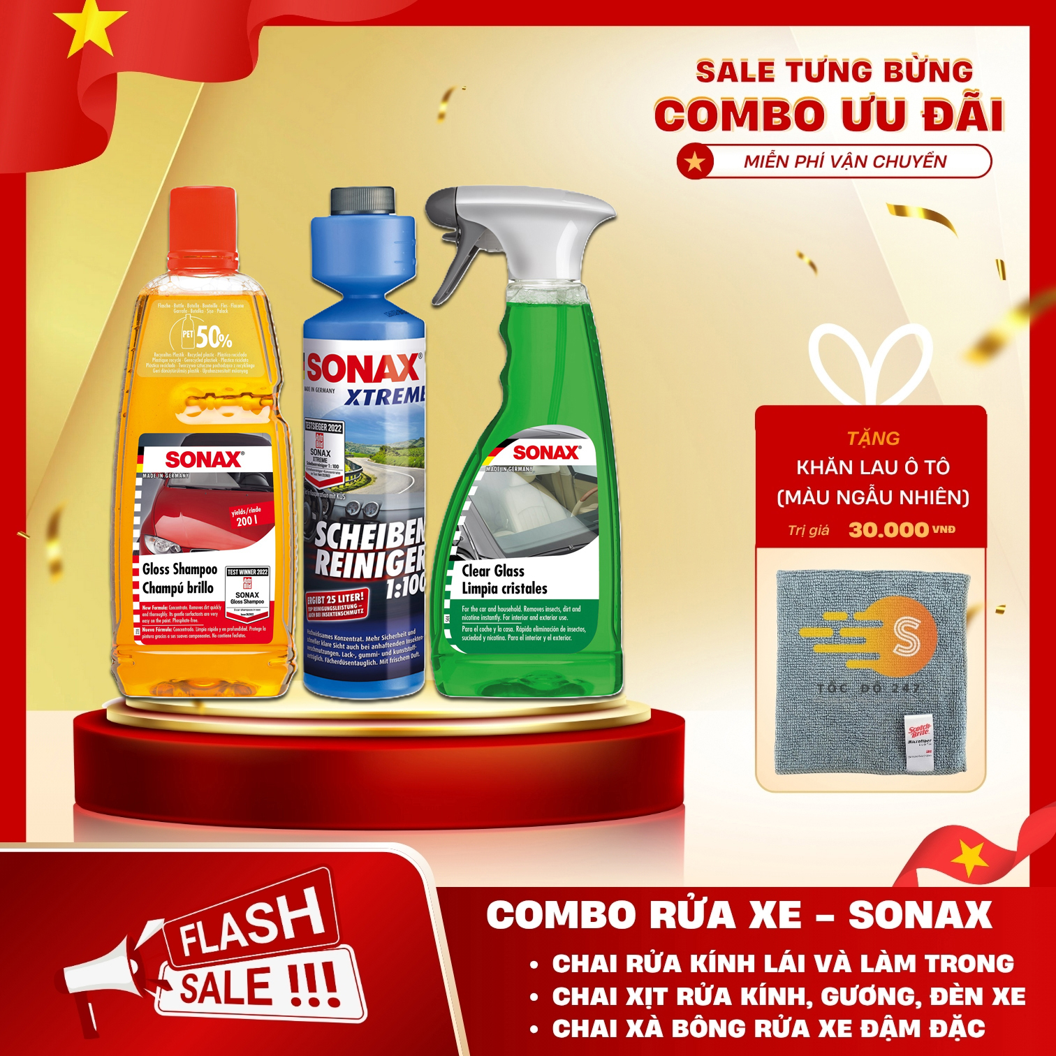 Bộ 3 món rửa xe và chăm sóc kính xe bao gồm dung dịch rửa xe đậm đặc, nước rửa kính lái và chai xịt rửa kính, gương, đèn xe Sonax SO-CBKINH - Tặng kèm khăn lau ô tô chuyên dụng