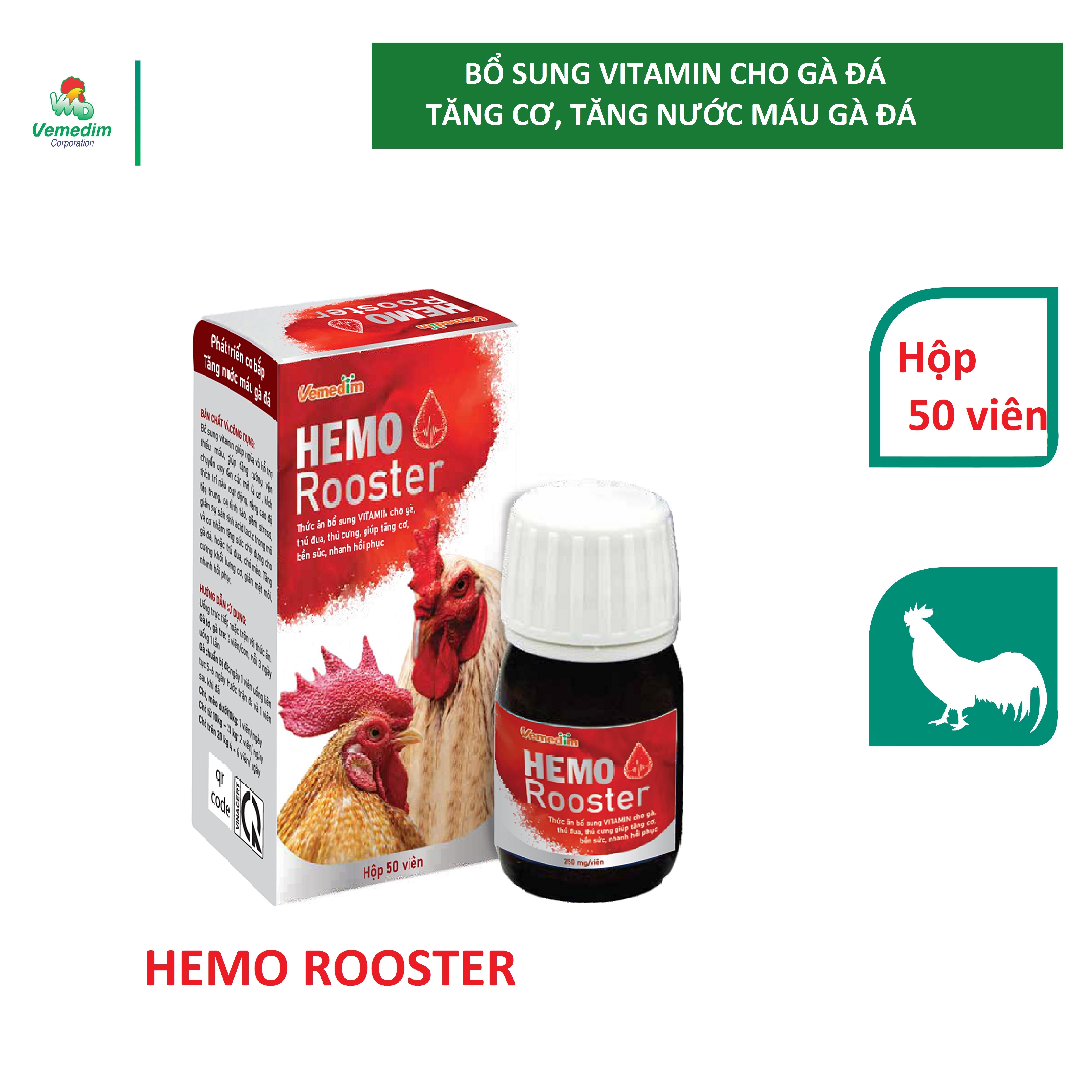 Vemedim Hemo rooster - Bổ sung vitamin cho gà, thú đua, thú cưng, giúp tăng cơ, bền sức, nhanh hồi phục, hộp 50 viên
