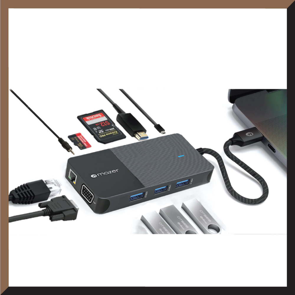Bộ Chuyển Đổi MAZER Multimedia Pro Hub 10 in 1 USB-C Dài 20cm Gồm 03xUSB-A 01xUSB-C Audio 3.5mm HDMI VGA LAN SD/MicroSD Hàng Chính Hãng