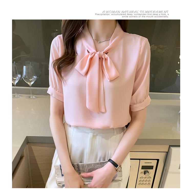 Áo sơ mi cổ thắt nơ màu trắng, hồng, tay phồng ngắn, thời trang công sở nữ Quyên fashion AA580