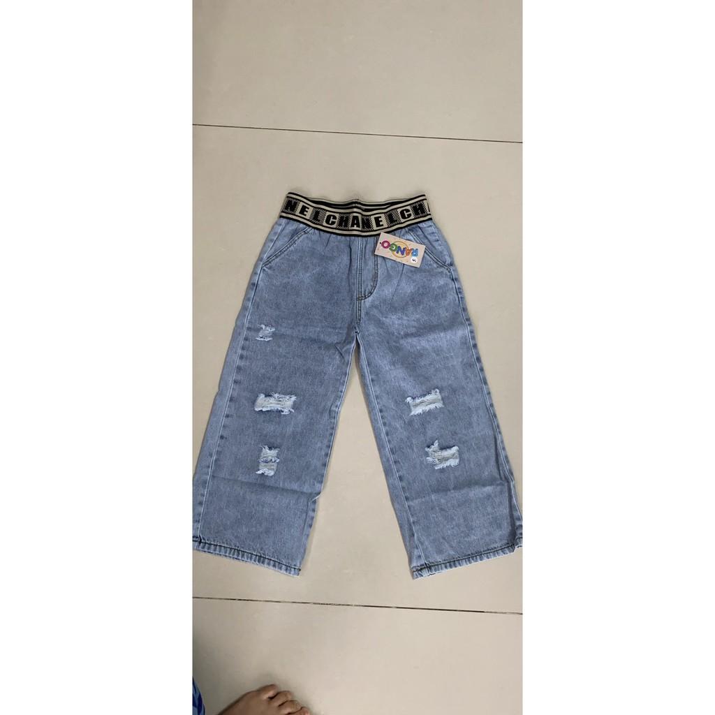 Quần jean bé gái ống rộng wash rách lưng thun jean mềm co giãn sang chảnh diện 4 mùa