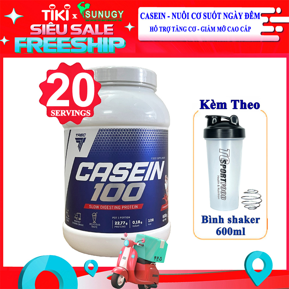 Combo Sữa tăng cơ giảm mỡ Casein 100 của TREC hỗ trợ nuôi cơ suốt ngày đêm & Bình shaker 600ml (mẫu ngẫu nhiên)