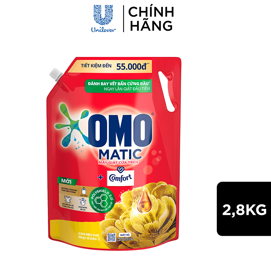 Túi Nước Giặt Omo Matic Comfort Cho Máy Giặt Cửa Trên Hương Tinh Dầu Thơm Xoáy Bay Vết Bẩn, Hương Thơm Bền Lâu 2.8Kg