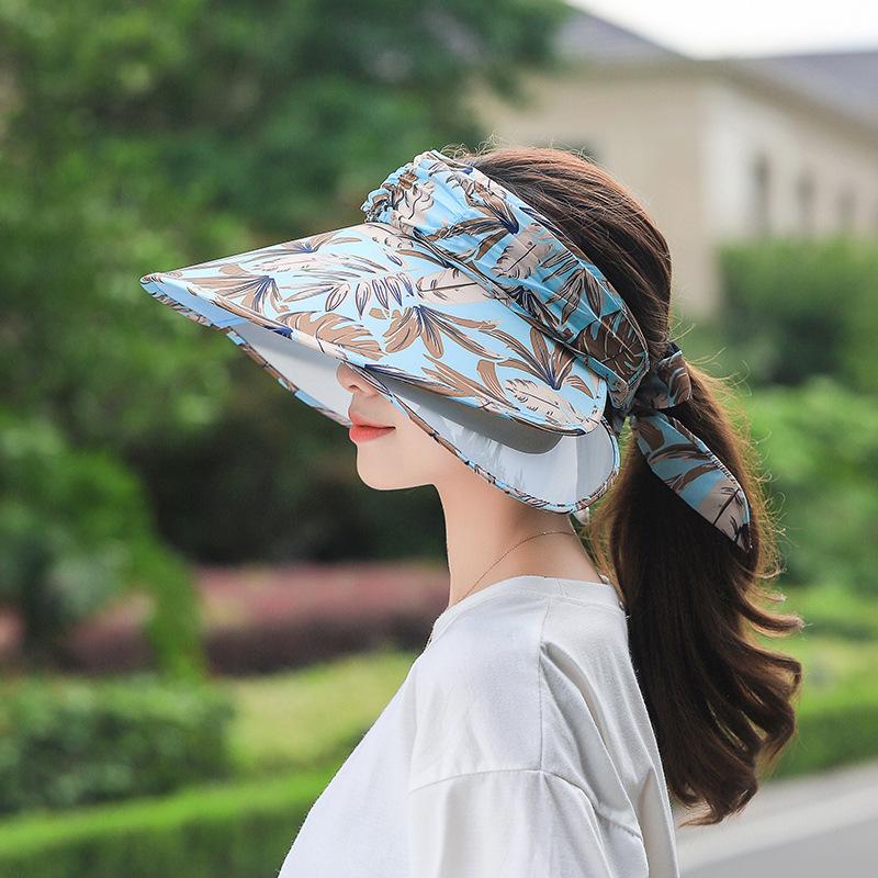 Mùa Hè Nữ Vành Rộng Trống Đầu Che Nón Đạp Xe Tretchable Quấn Nơ Màu Miếng Vải Lớn Vành Đi Biển Chống Tia UV Mũ Lưỡi Trai