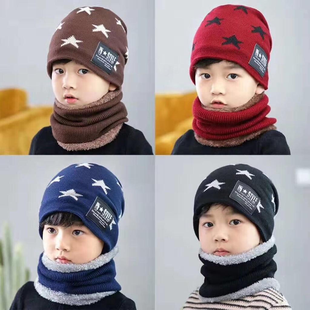 Set Mũ len kèm khăn hình sao có lót lông cho trẻ em