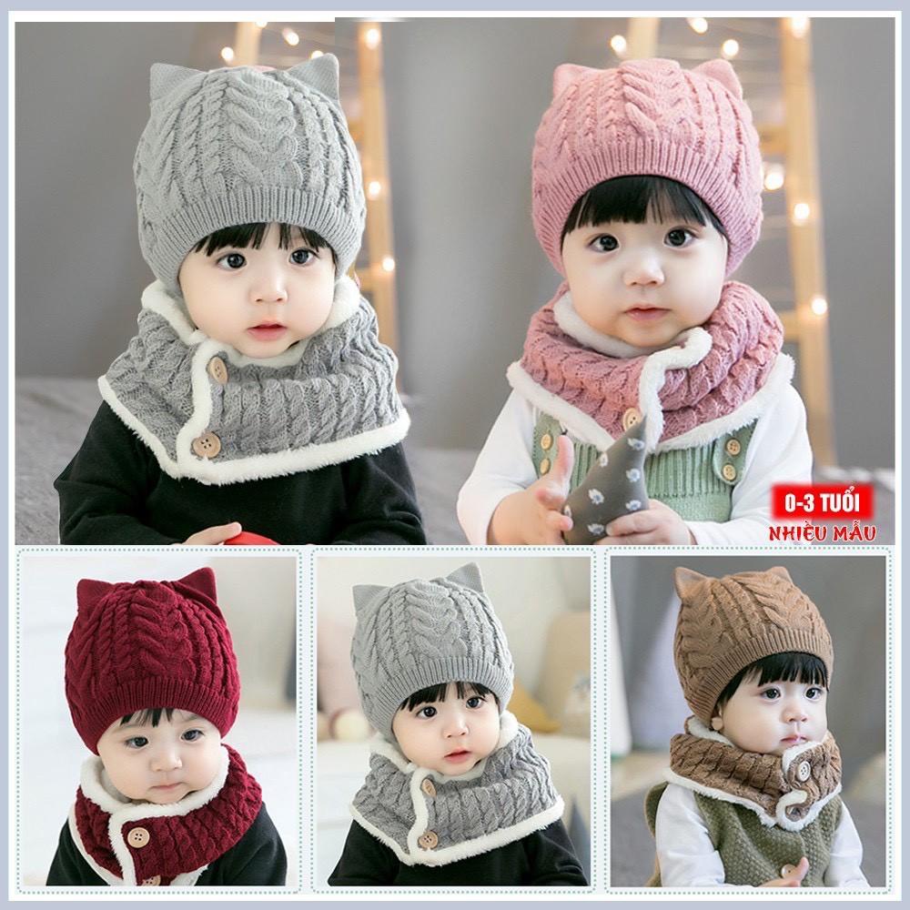 (103) Mũ len, Nón len cho bé có kèm khăn quàng cài cúc- dùng cho cả bé trai và bé gái từ 6Tháng - 4 tuổi