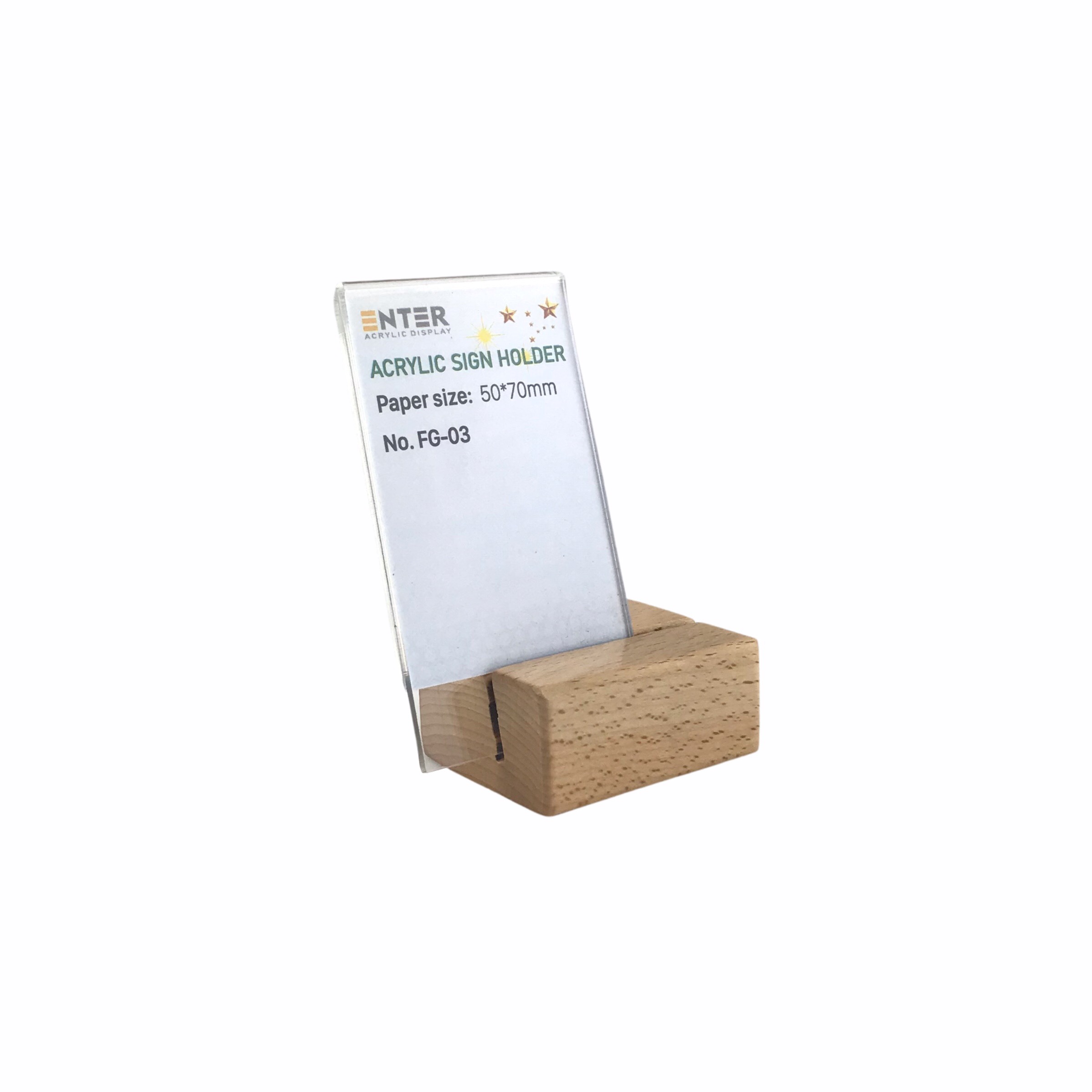 Kệ mica 1 mặt đế gỗ Enter FG-03 50x70mm, Kệ thông tin sản phẩm, Standee mica để bàn, Bảng quét mã QR Code