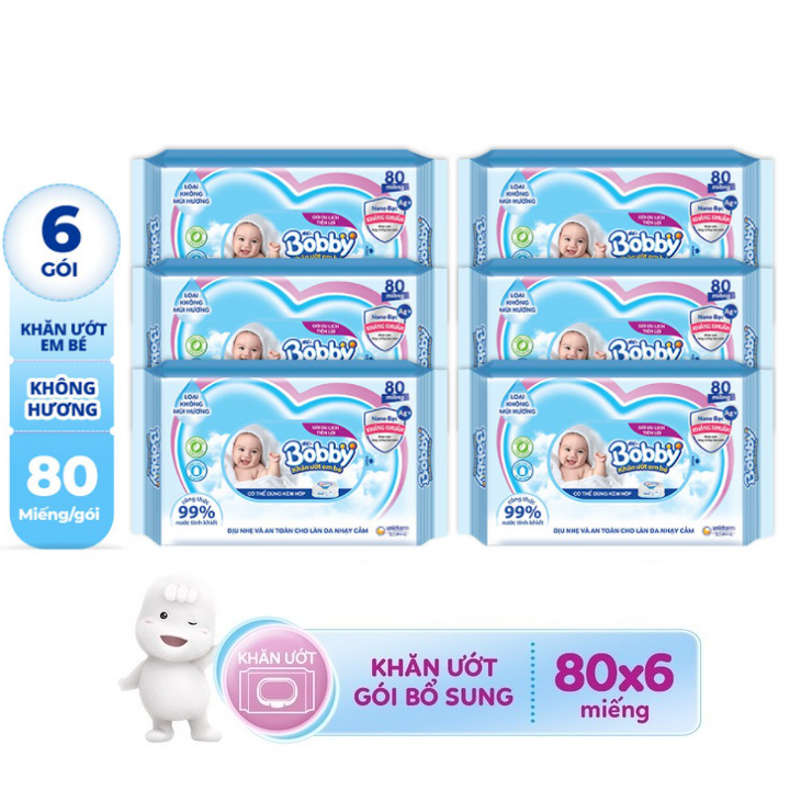 Combo Tiết Kiệm 6 Gói Khăn Ướt Bobby Care Bổ Sung 80 Miếnggói