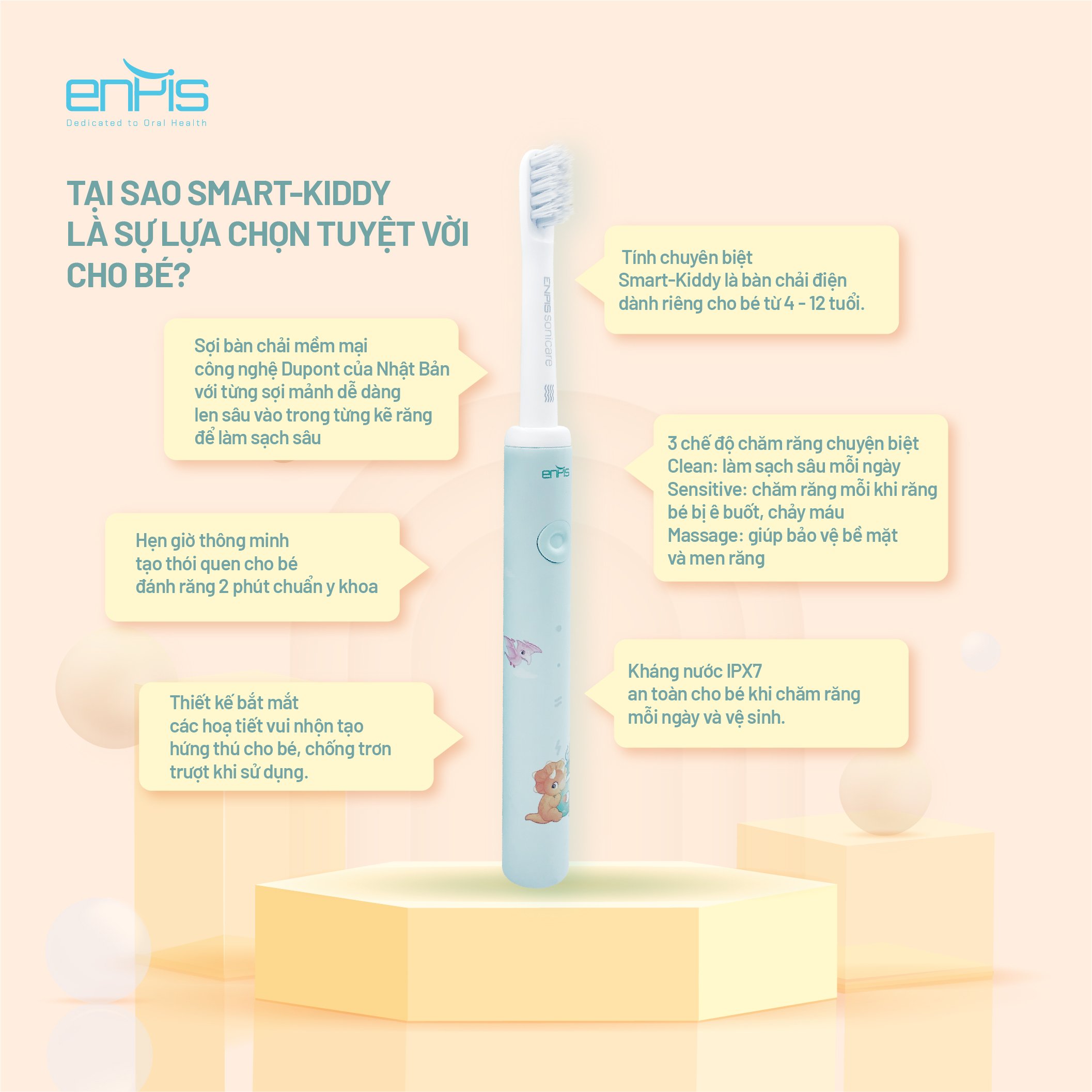 Bàn Chải Điện, Bàn Chải Đánh Răng Điện Trẻ Em Enpis T2131, Công Nghệ Sóng Âm Sonic, Kháng Nước IPX7, Lông Bàn Chải Với Công Nghệ DuPont Mềm Mại, Giúp Răng Luôn Sạch Và Bóng, Tích Hợp 3 Chế Độ, An Toàn Cho Bé – Hàng Chính Hãng