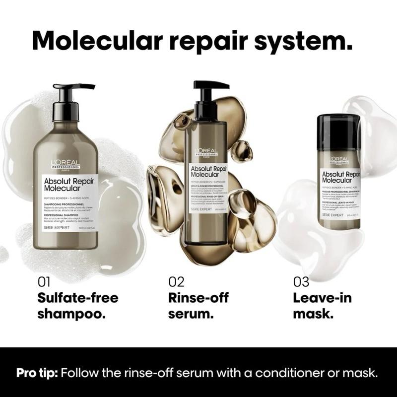 Bộ dầu gội xả Serum hấp ủ L'Oreal ARM Absolute Repair Molecular siêu phục hồi cấp phân tử Peptides (xám)