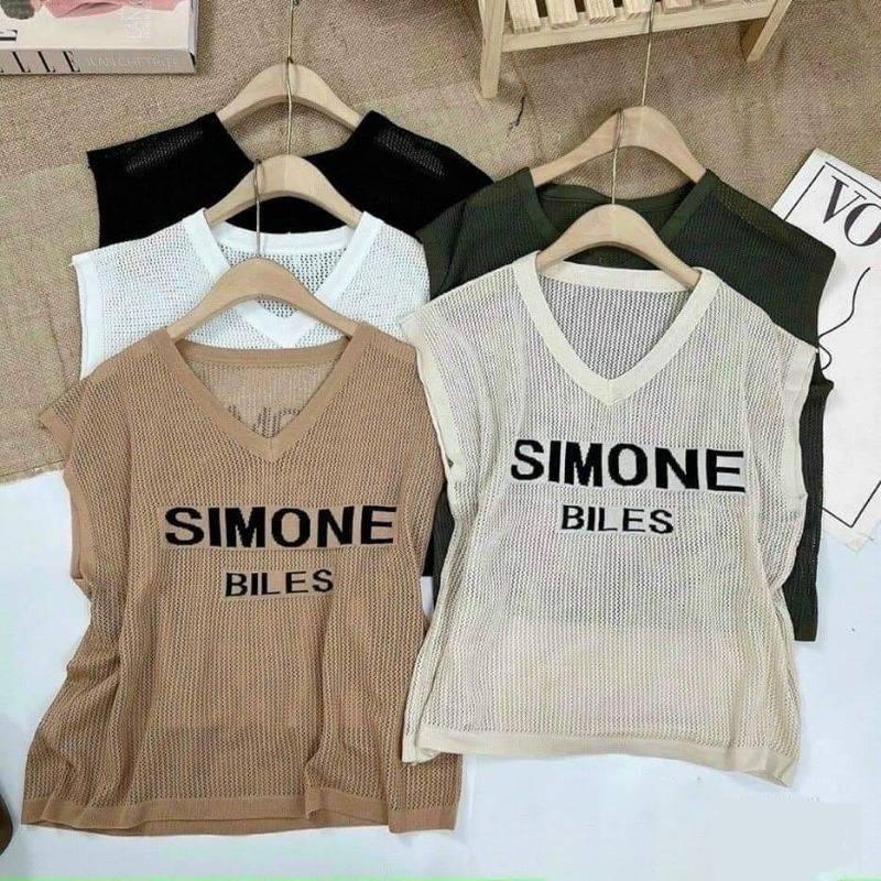 Áo lưới len Montoghi dệt kim in chữ SIMONE BILES tay hến cổ V hàng Quảng Châu xinh xắn