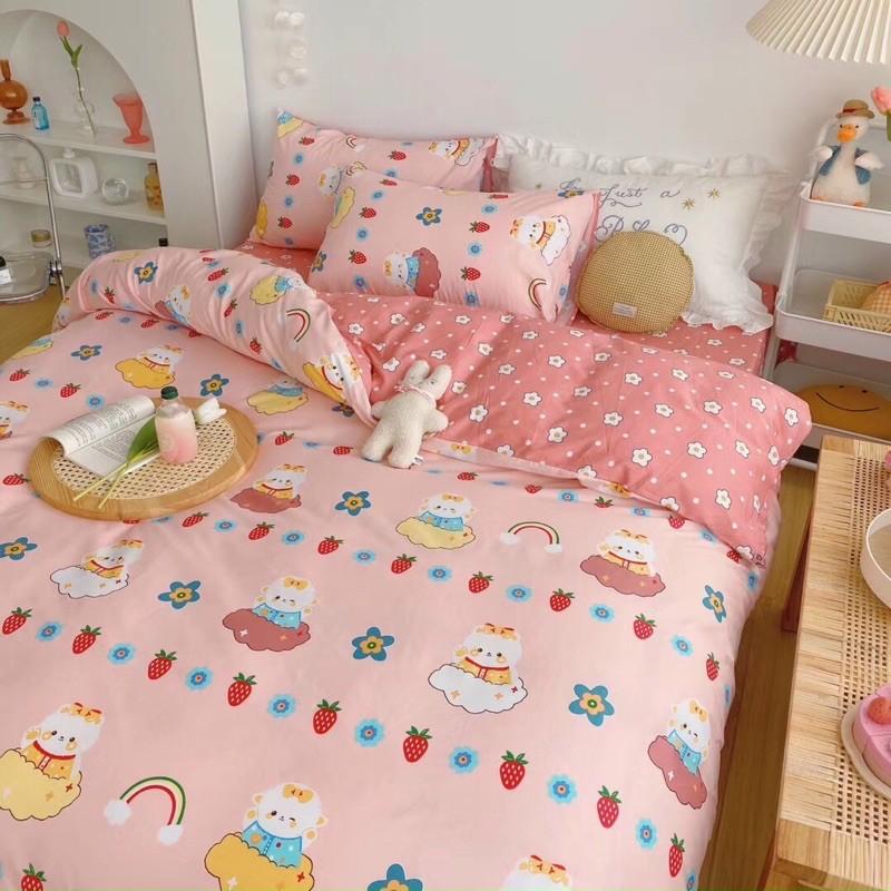 Bộ Chăn Ga Gối Cotton Living 100%côtton Hàng Nhập Khẩu Cao Cấp 4 Món Thỏ Hồng